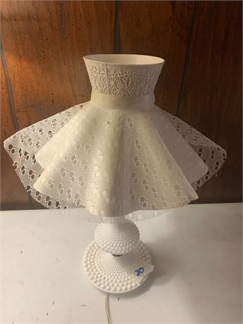 Vintage White Milk Glass Hobnail Pattern Lamp With Boudoir Lamp Shade