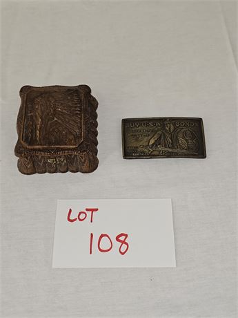 USA Bonds Brass Belt Buckle & Native American Souvenir Trinket Box