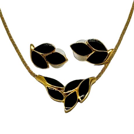 Vintage Trifari Black and Gold Necklace and Earrings Set