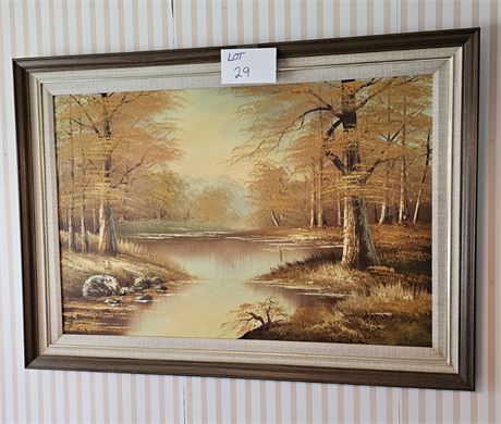 Signed Barnes Autumn Landscape Oil On Canvas Painting