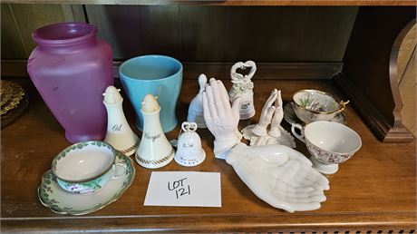 Mixed Decor Lot: Praying Hands, MCM Oil & Vinegar Set, Avon Soap Holder & More