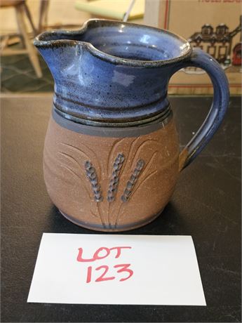 Signed Steve Aubley Stoneware Pottery Pitcher With Wheat Motif Etched Into Terra