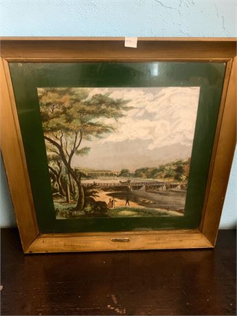 Framed Currier and Ives Lithograph Print Wall Art Titled The Old Ford Bridge