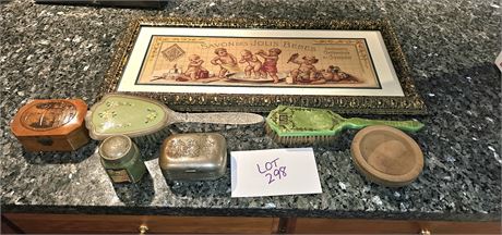 Antique/Vintage Hairbrushes / Soap Metal Bar Box / Old Bottle & Wall Art