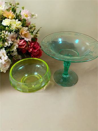 Uranium/Vaseline Green Glass Candy Bowl or Candle Holder and Pedestal Dish