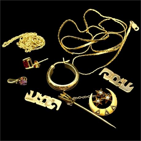 14K Gold Scrap Lot - Fraternal Pin, Single Earrings, Etc. - 10.37 Grams