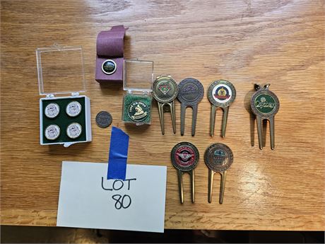 Golf Related Mixed Lot: Firestone Ball Markers / Assorted Golf Divots & More