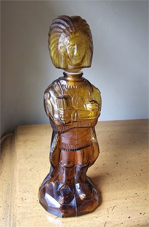 Amber Glass- Native American, Chief Decanter Bottle Signed T.S.N.Y 1974