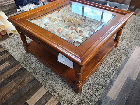 Solid Wood Glasstop Display Coffee Table with Seashell Display