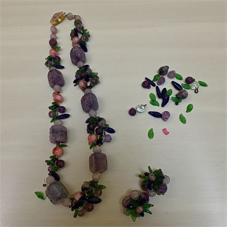 Amethyst Purple & Green Glass Beaded Floral Necklace & Matching Earrings