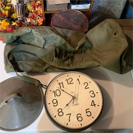 Pyramid Industrial Style Wall Clock Army Duffel Bag and Tin Metal Lid/Top