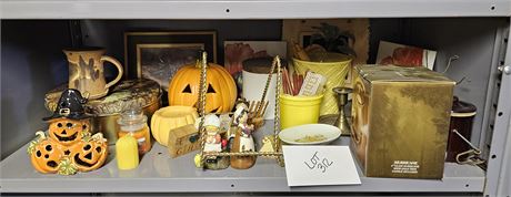 Mixed Fall Decor Lot: Pumpkins, Pilgrim Figurines, Candles, Tins & More