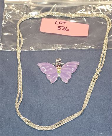 Sterling Diamond Cut 40" Chain W/ Purple Jade Butterfly 0.56 ozt