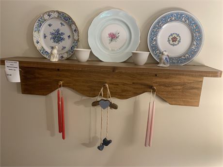 Wood Curio Wall Shelf W/Decorative Plates, Tea Cups & More
