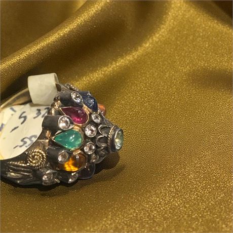 Yellow Gold Thai Princess Gemstone Ring W/Colorful Cabochon Gemstones Size 5