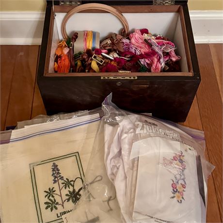 Antique Chest w/ Embroidery Floss and Notions