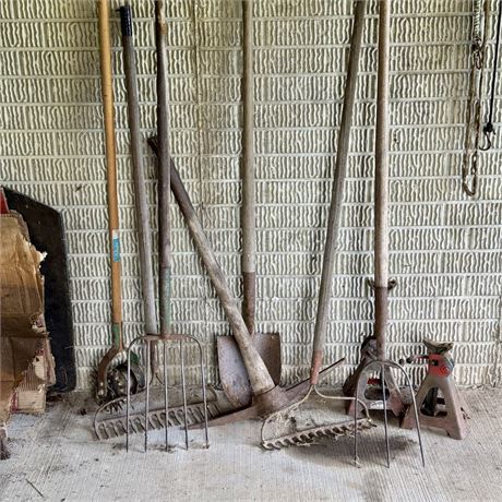 Mixed Lot - Yard Tools, Jacks and Ropes w/ Cast Iron Hooks