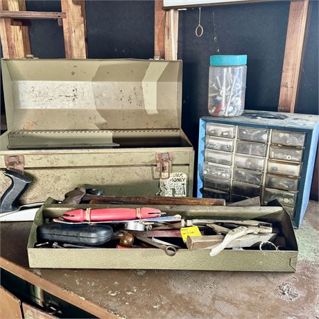 Mixed Hand Tool Lot, Old Toolbox and Hardware