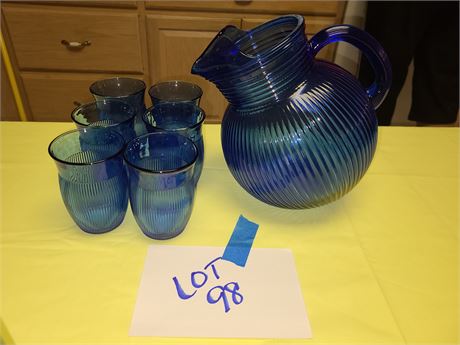 Cobalt Blue Slant Ribbed Pitcher & Glasses