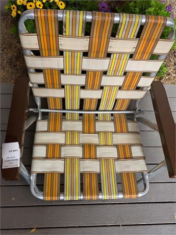 Vintage Aluminum Frame Webbed Folding Lawn Chair In Yellow, Brown and White