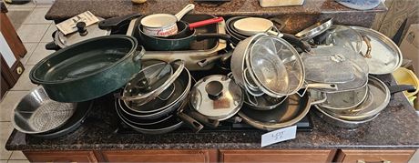 Large Lot Of Mixed Pots & Pans, Enamel Roaster, Corning, Paula Deen & More