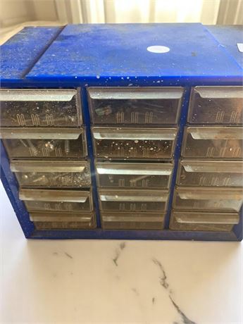 Blue Metal Hardware Storage Unit & Contents