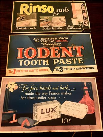 Cardboard Ad Signs Iodent Toothpaste, Lux Soap, Rinso Suds