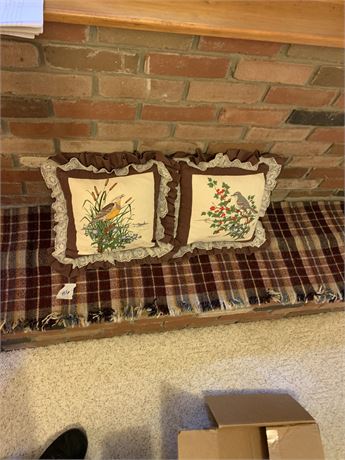 Decorative Bird Throw Pillows and Plaid Blanket Lot