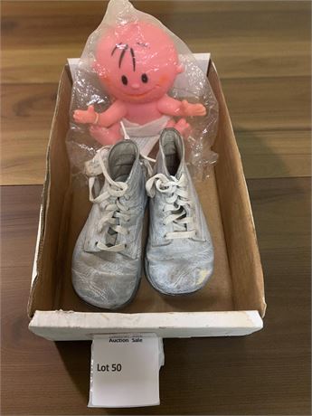 White Leather Lace Up Antique Baby Shoes & Diaparene Spokesbaby Doll