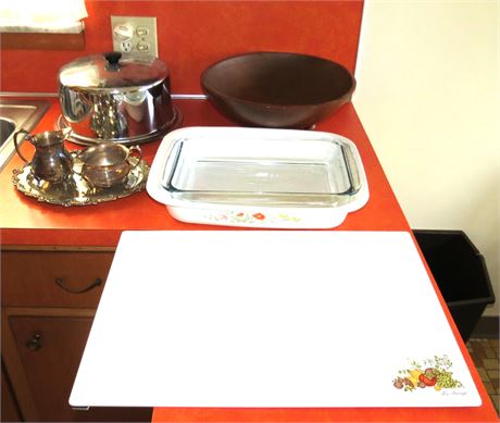 Silver Plate Serving Set, Cutting Board, Pyrex, Corning Ware