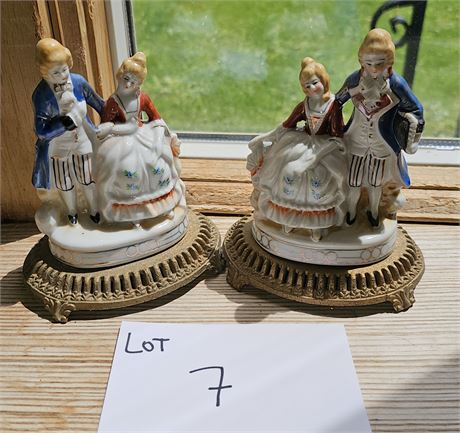 German Porcelain Colonial Ladies & Gents Figures On Metal Base
