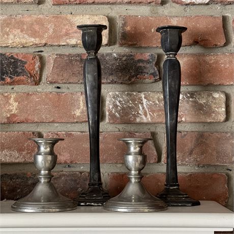 Vintage Pewter Candlestick Holders - Short Pair is Weighted