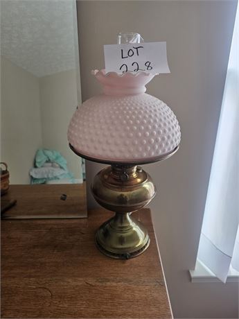 Vintage Electrified Oil Lamp with Pink Hobnail Hurricane Shade