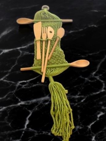 Vintage Macrame Kitchen Utensil Art