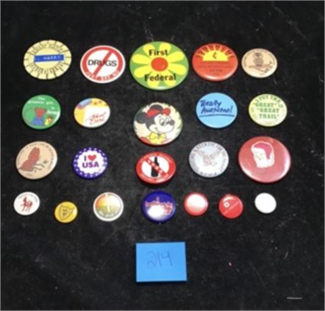 Retro Button Lot of 22 Mickey Mouse SADD Say No To Drugs Santa Claus & More