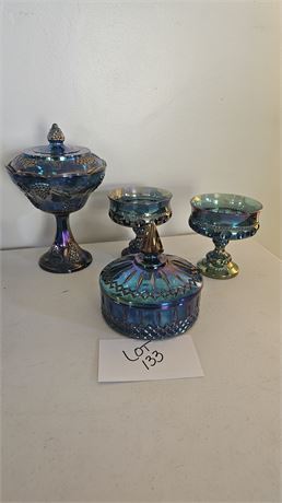 Indiana Glass Carnival Glass Lot Compotes, Lidded Candy & Grape Compote