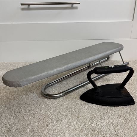 Small Tabletop Ironing Board and Decorative Vintage Sad Iron