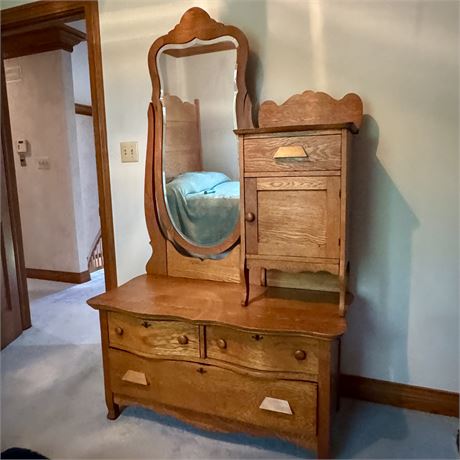 Antique Victorian Solid Oak Dresser w/ Unique Stand and Mirror