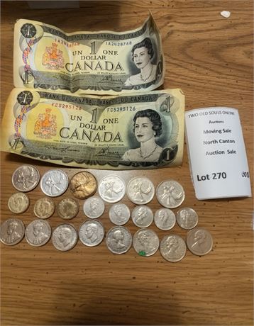 Canadian Money Lot - Dollar Bills (2), 25 Cent Coins (6), 10 Cent Coins (8)