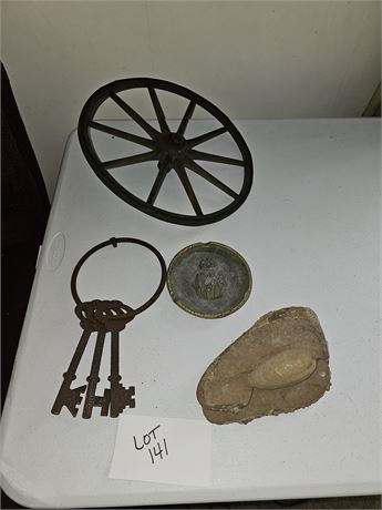 Antique Wood Cart Wheel / Metal Key Decor & More