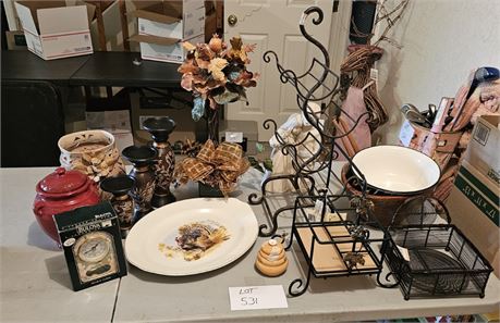 Mixed Decor: Wine Bottle Holders/Candle Sticks/Turkey Platter & More