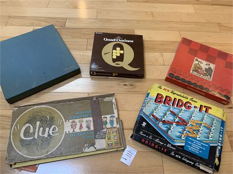Vintage Board Game Lot - Clue, Quad-Ominos, Scrabble, Bridg-it, Checkers