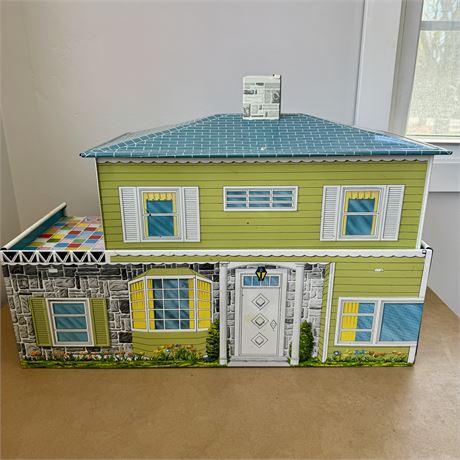 1950's T. Cohn Superior 2 Story Tin Litho Dollhouse - Approx. 26"L x 14"H