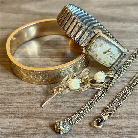 Collection of Vintage/Antique Jewelry - Watch Fob, GF Bangle Bracelet and More