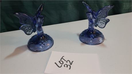 (2) Matching Fenton  Blue Butterfly Tree Trunk Paper Weights