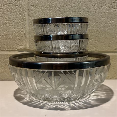 Vintage Heavy Cut Crystal Silver Rimmed Snack Bowl Set