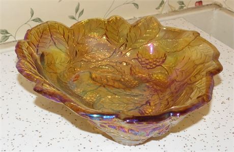 Vintage Indiana Iridescent Orange Carnival Glass Grape Leaf Candy Dish