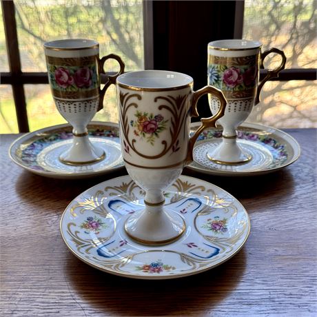 Lefton China Hand Painted Pedestal Demitasse Teacup and Saucers Sets (3)