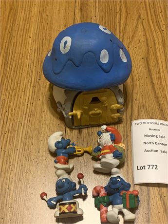 1980s Schleich Peyo Smurfs Mushroom Cottage & 4 Smurf Figurines