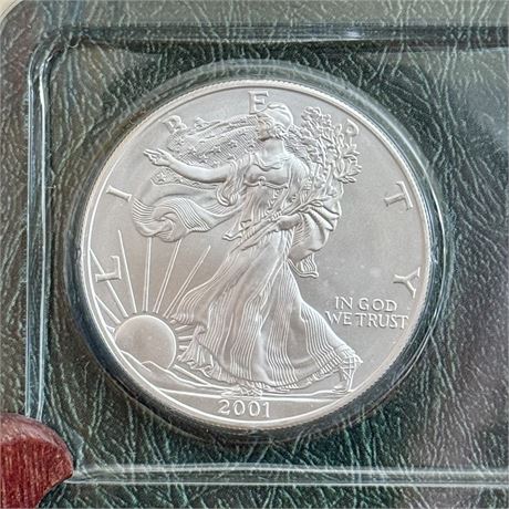 2001 Uncirculated Silver American Eagle Coin, 99.93% Silver, Encased